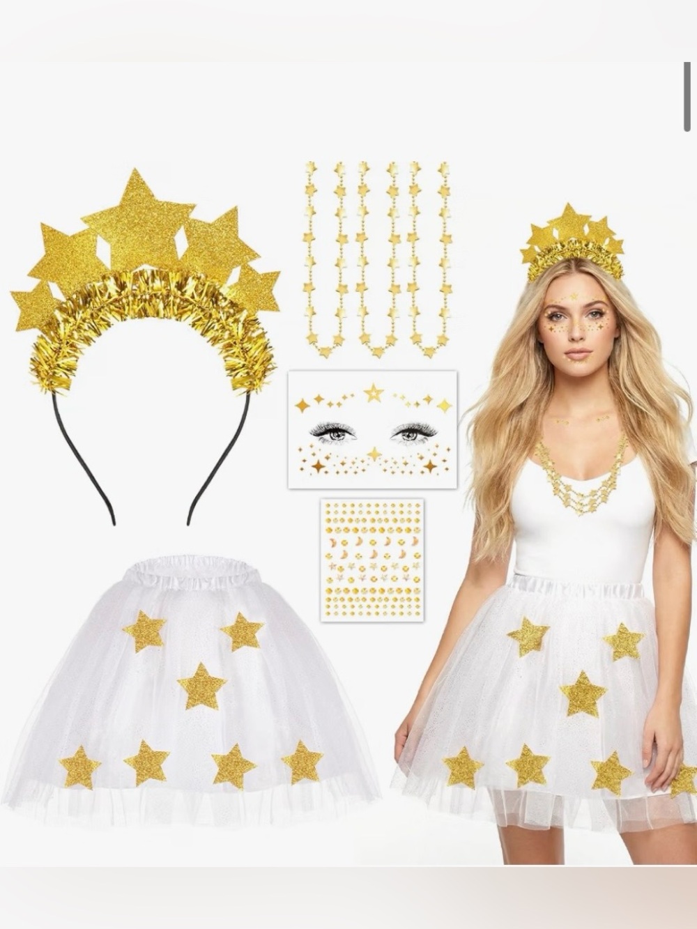 Gold Star Party Costume Set - Headband, Skirt & Face Gems - One Size- NWT